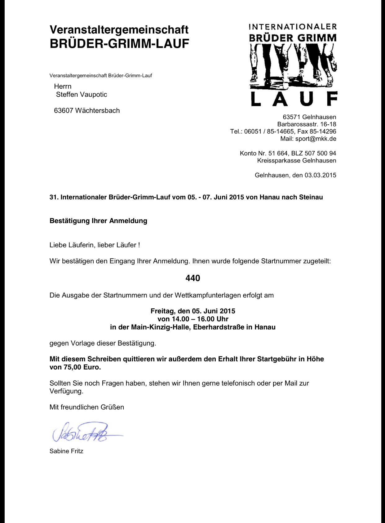 Anmeldebestätigung 2015 Anmeldebestätigung 2015